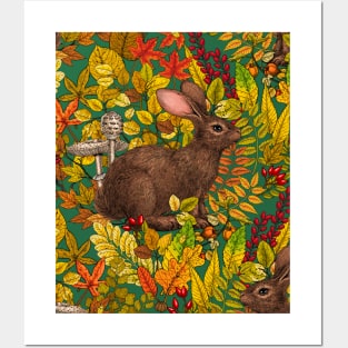 Autumn Rabbit  on green Posters and Art